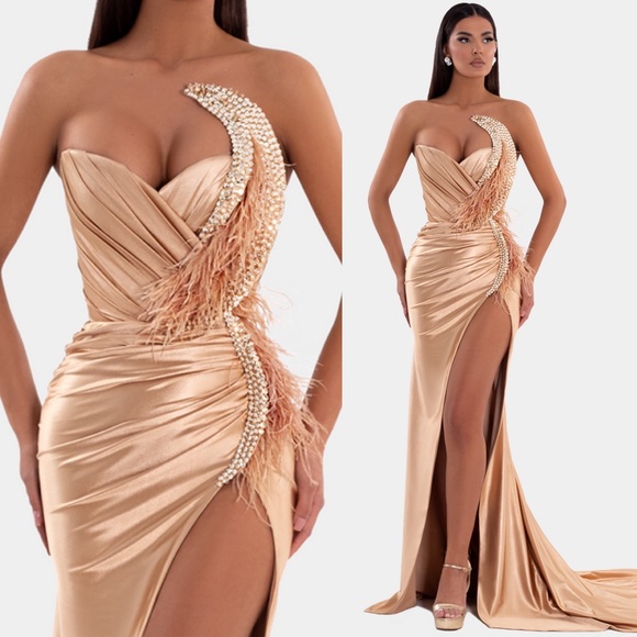 Albina Dyla - couture gown, gold corset feather rhinestone embellished, used - Picture 1 of 6